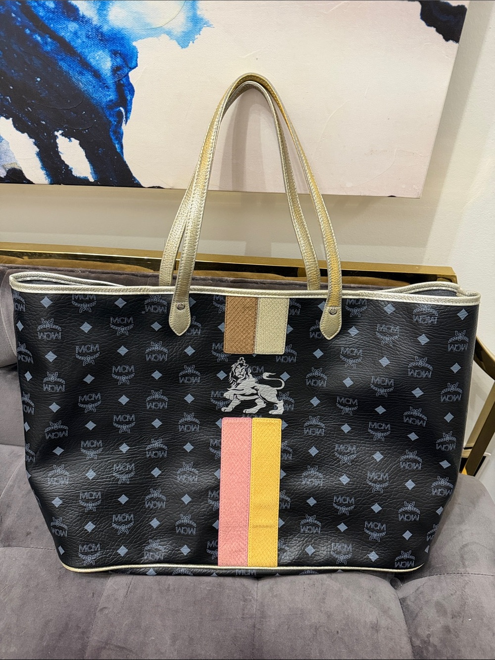 MCM Black Logo Tote with Pink and Yellow Stripe and Silver/Gold Trim